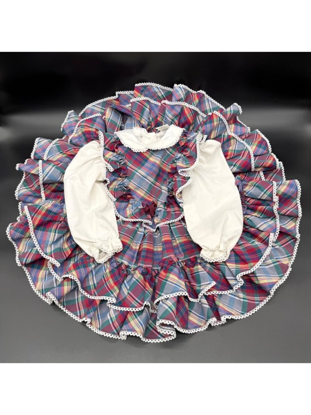 Vintage Girls Plaid Dress Ruffles 3T Full Circle Skirt Miss Quality USA 1980s